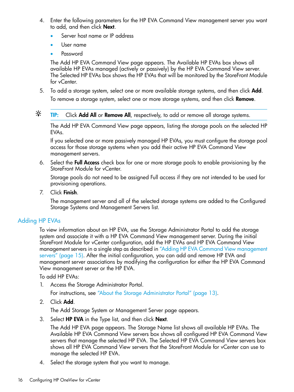 Adding hp evas | HP OneView for VMware vCenter User Manual | Page 16 / 157