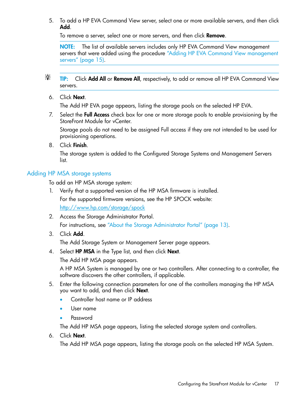 Adding hp msa storage systems | HP OneView for VMware vCenter User Manual | Page 17 / 157