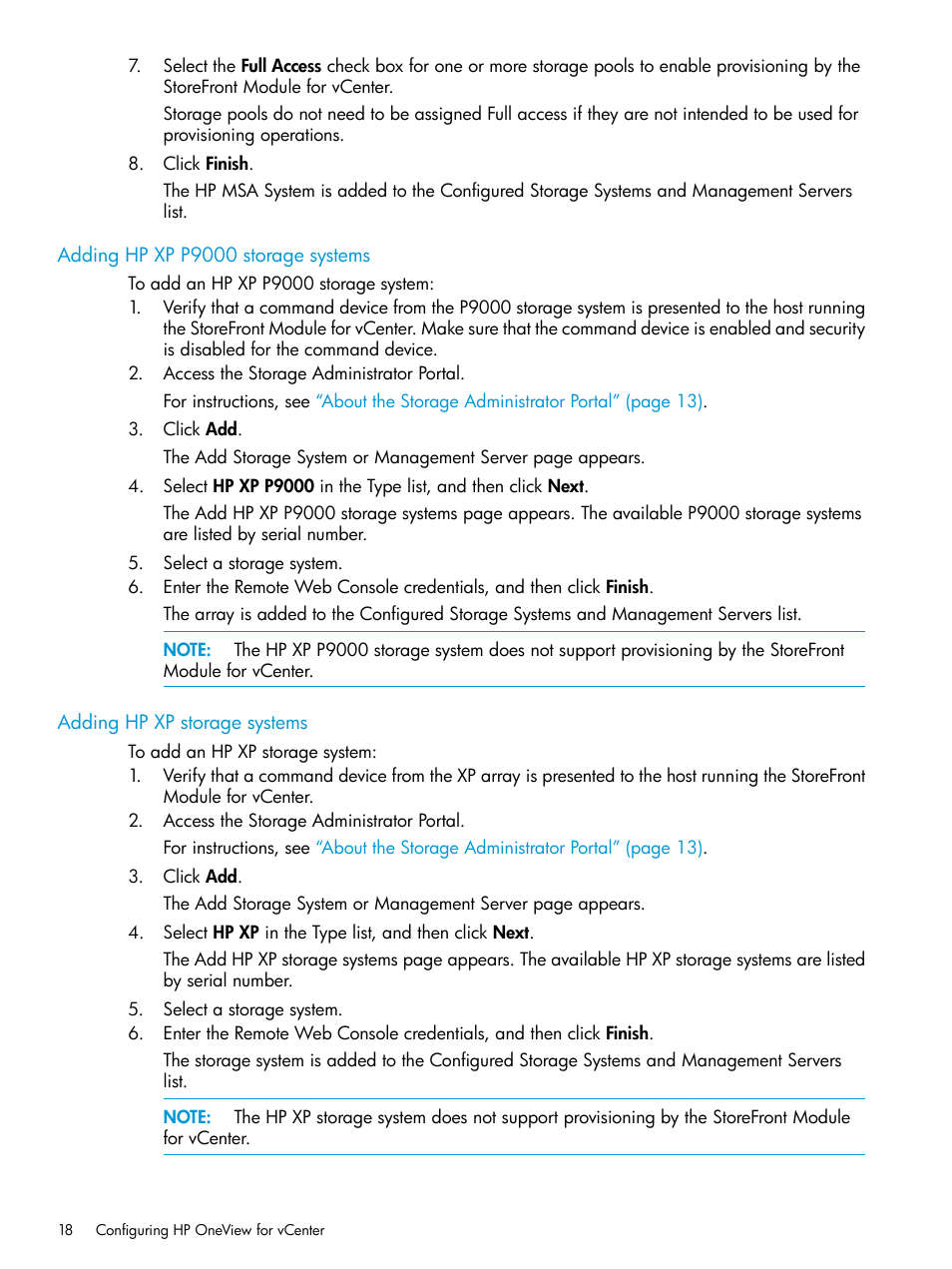 Adding hp xp p9000 storage systems, Adding hp xp storage systems | HP OneView for VMware vCenter User Manual | Page 18 / 157