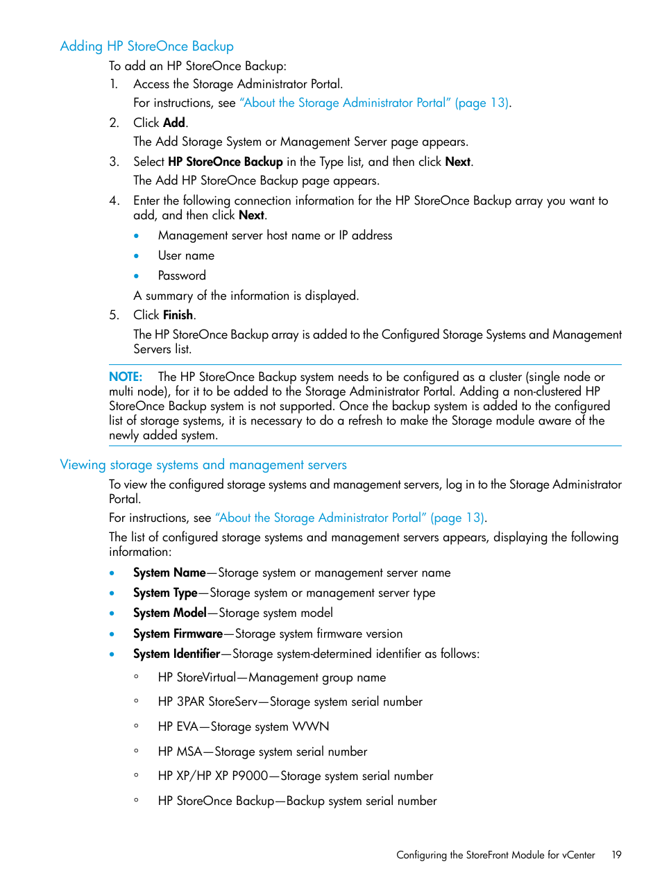 Adding hp storeonce backup, Viewing storage systems and management servers | HP OneView for VMware vCenter User Manual | Page 19 / 157