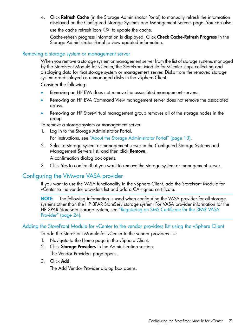 Removing a storage system or management server, Configuring the vmware vasa provider | HP OneView for VMware vCenter User Manual | Page 21 / 157