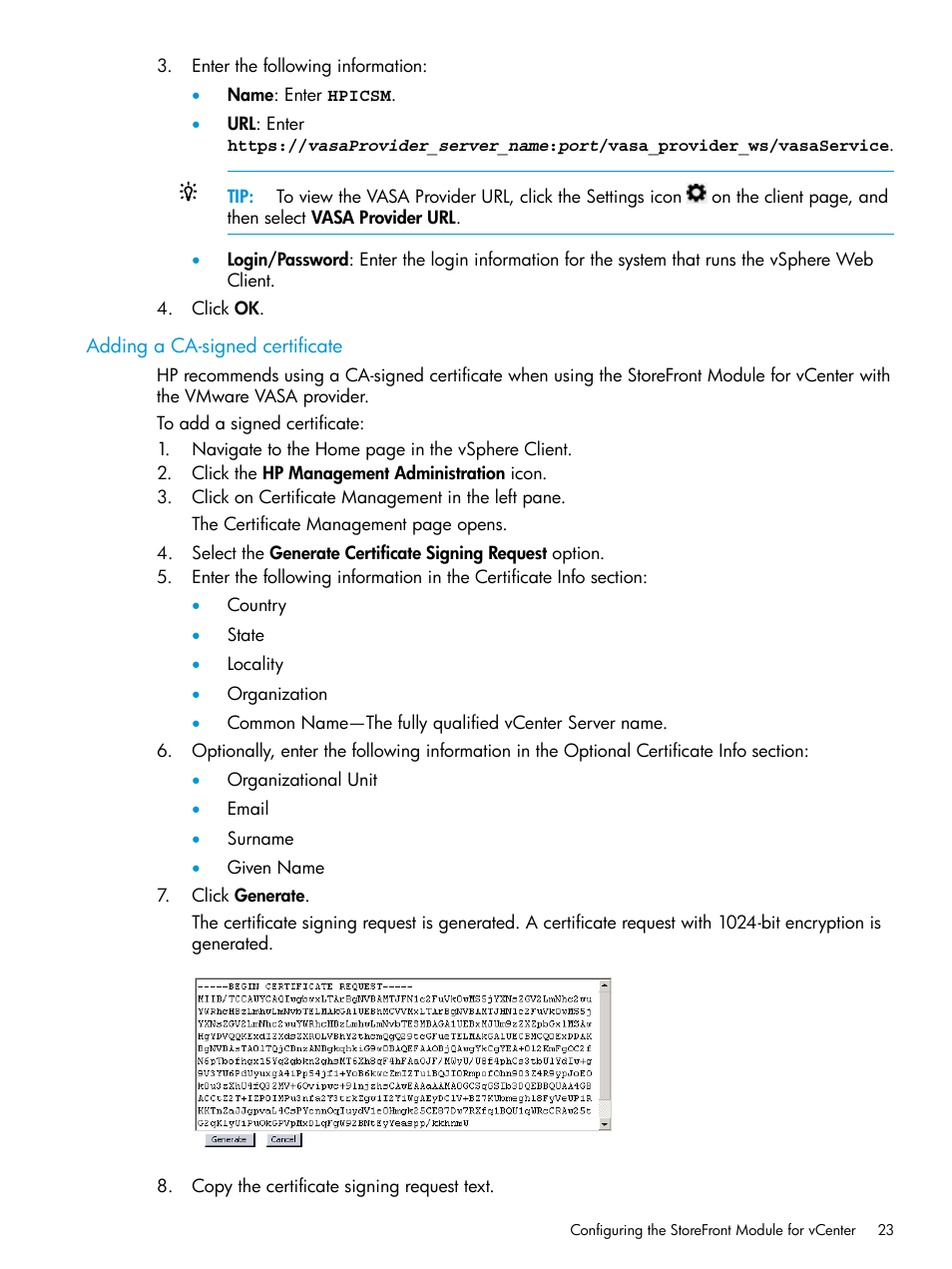 Adding a ca-signed certificate | HP OneView for VMware vCenter User Manual | Page 23 / 157