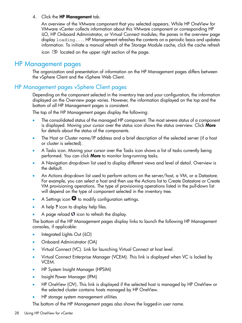 Hp management pages, Hp management pages vsphere client pages | HP OneView for VMware vCenter User Manual | Page 28 / 157