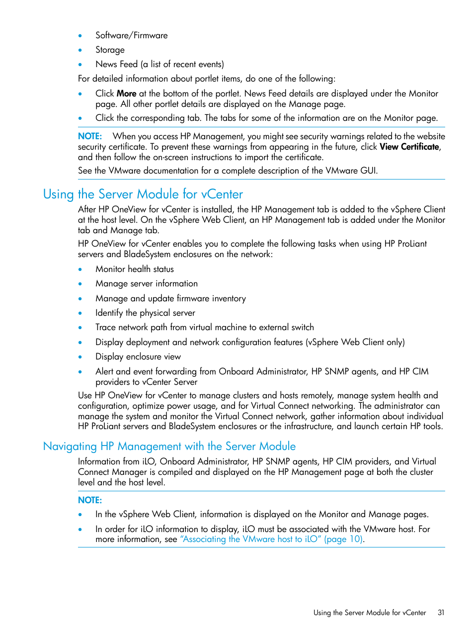 Using the server module for vcenter, Navigating hp management with the server module | HP OneView for VMware vCenter User Manual | Page 31 / 157