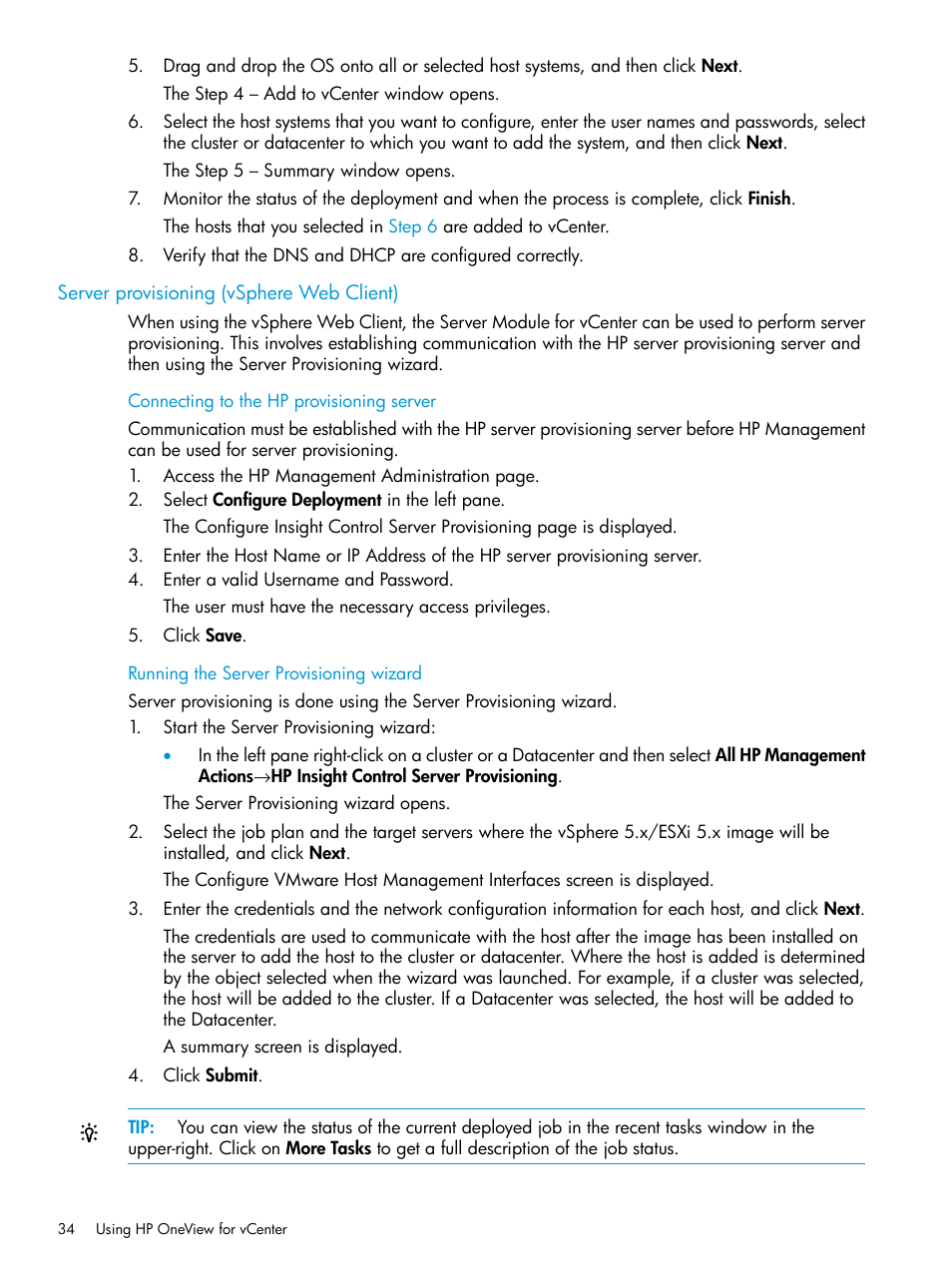 Server provisioning (vsphere web client), Connecting to the hp provisioning server, Running the server provisioning wizard | HP OneView for VMware vCenter User Manual | Page 34 / 157