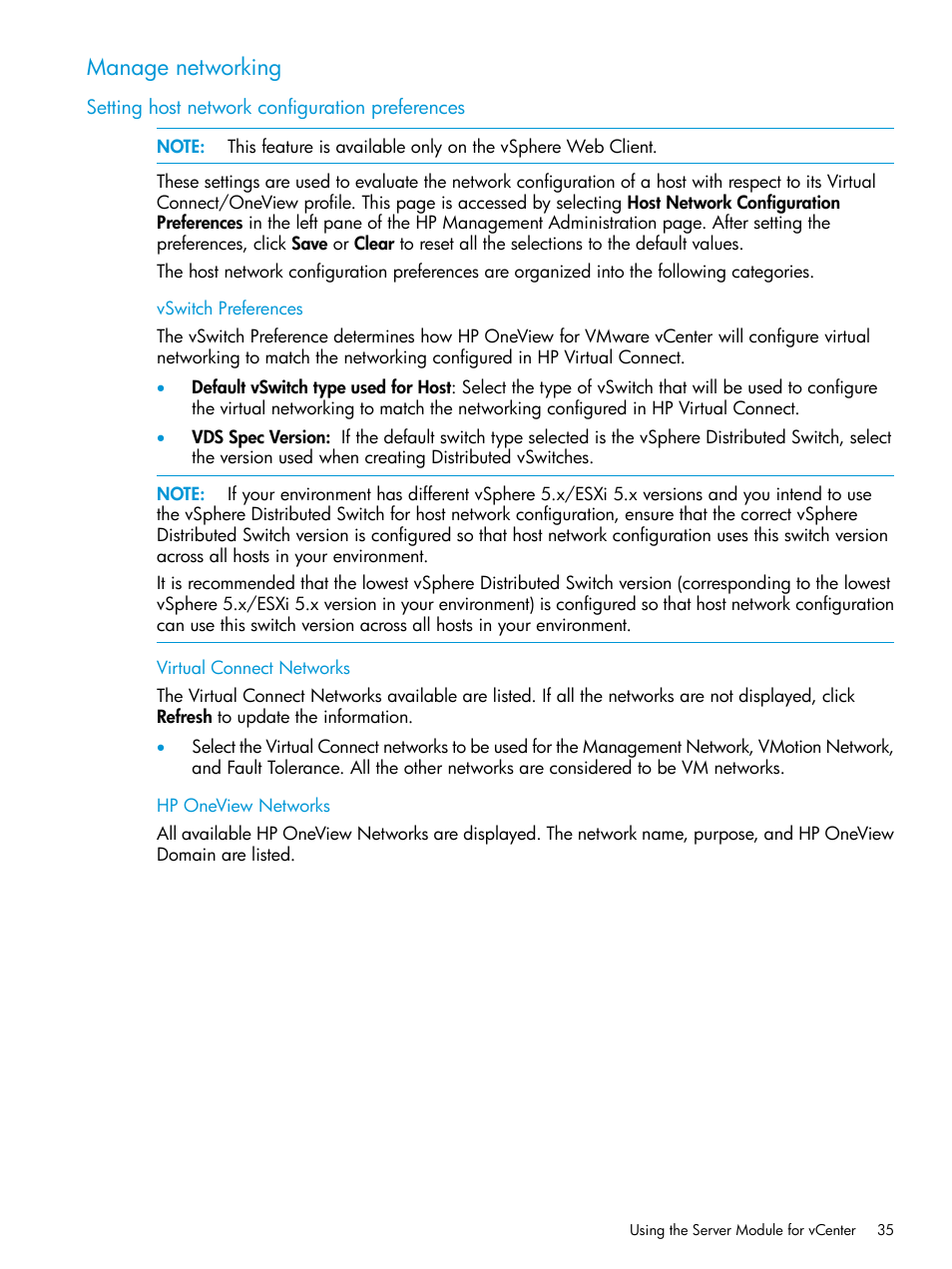 Manage networking, Setting host network configuration preferences | HP OneView for VMware vCenter User Manual | Page 35 / 157