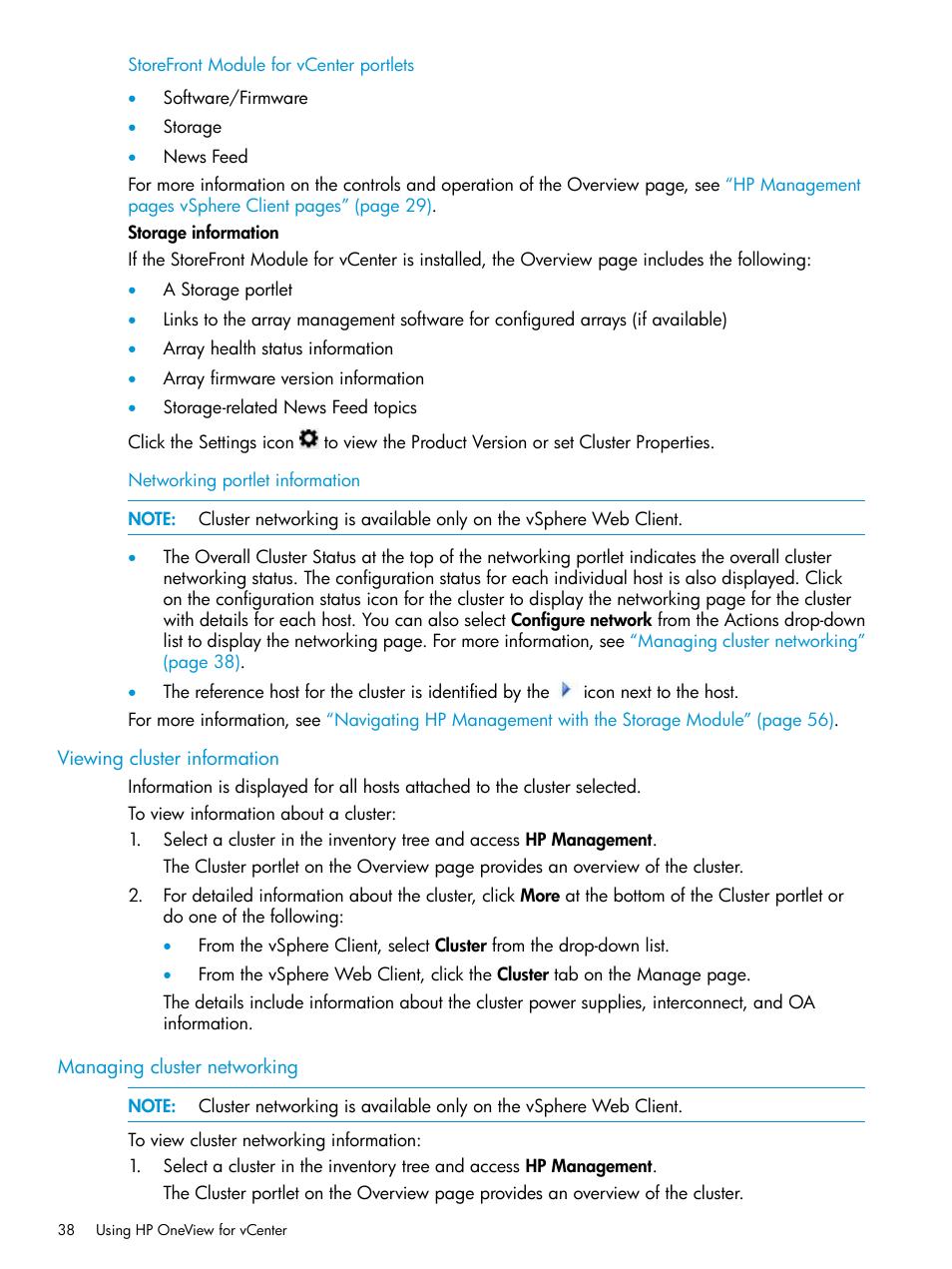 Viewing cluster information, Managing cluster networking | HP OneView for VMware vCenter User Manual | Page 38 / 157