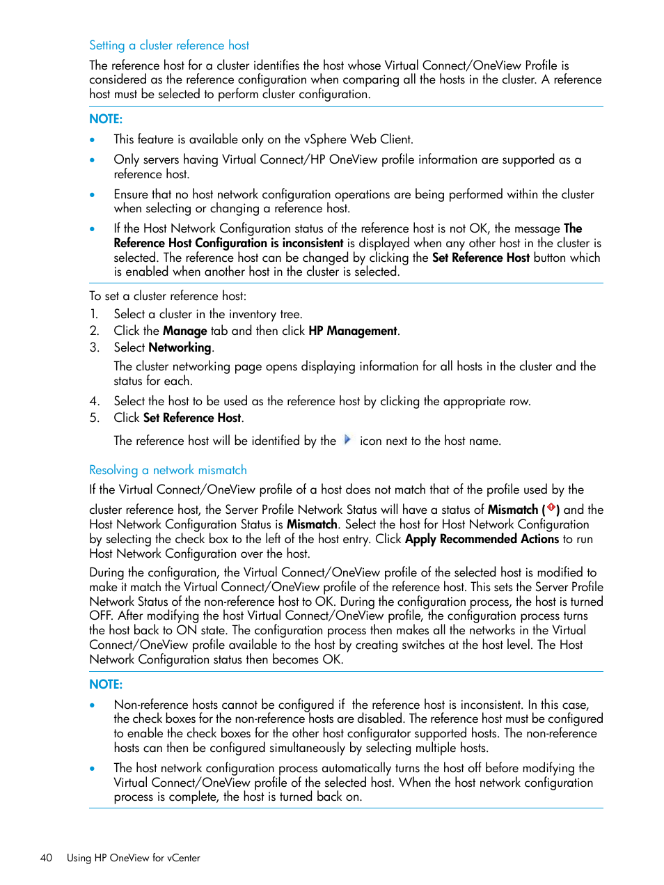 Setting a cluster reference host, Resolving a network mismatch | HP OneView for VMware vCenter User Manual | Page 40 / 157