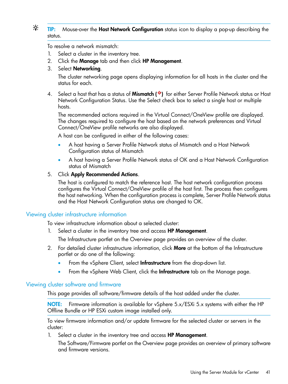 Viewing cluster infrastructure information, Viewing cluster software and firmware | HP OneView for VMware vCenter User Manual | Page 41 / 157