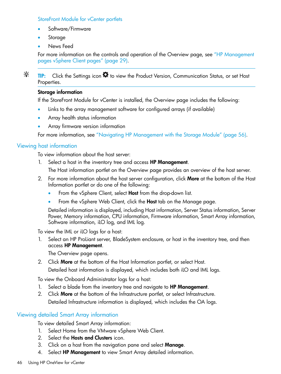 Viewing host information, Viewing detailed smart array information | HP OneView for VMware vCenter User Manual | Page 46 / 157