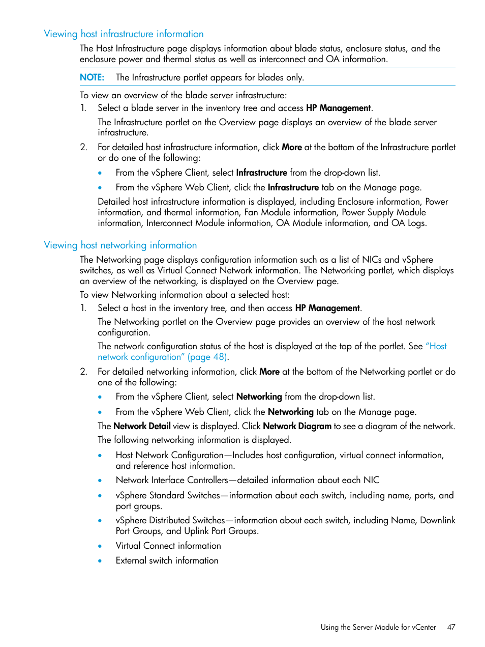 Viewing host infrastructure information, Viewing host networking information | HP OneView for VMware vCenter User Manual | Page 47 / 157