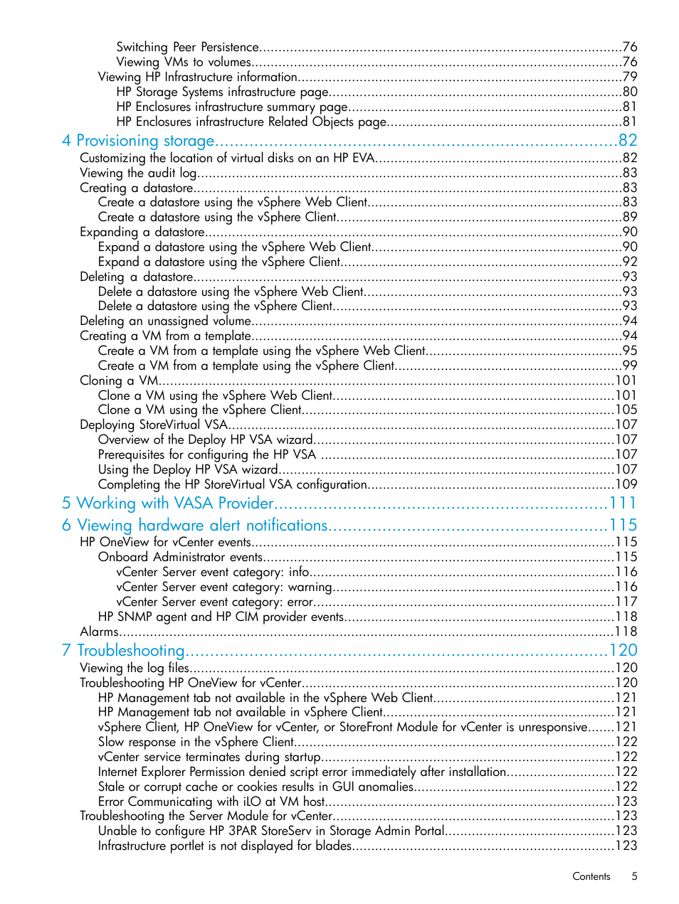 4 provisioning storage, 7 troubleshooting | HP OneView for VMware vCenter User Manual | Page 5 / 157