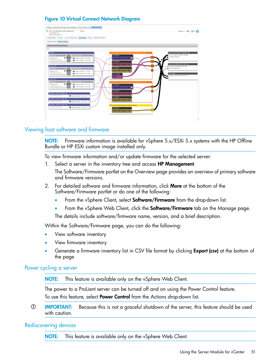 Viewing host software and firmware, Power cycling a server, Rediscovering devices | HP OneView for VMware vCenter User Manual | Page 51 / 157