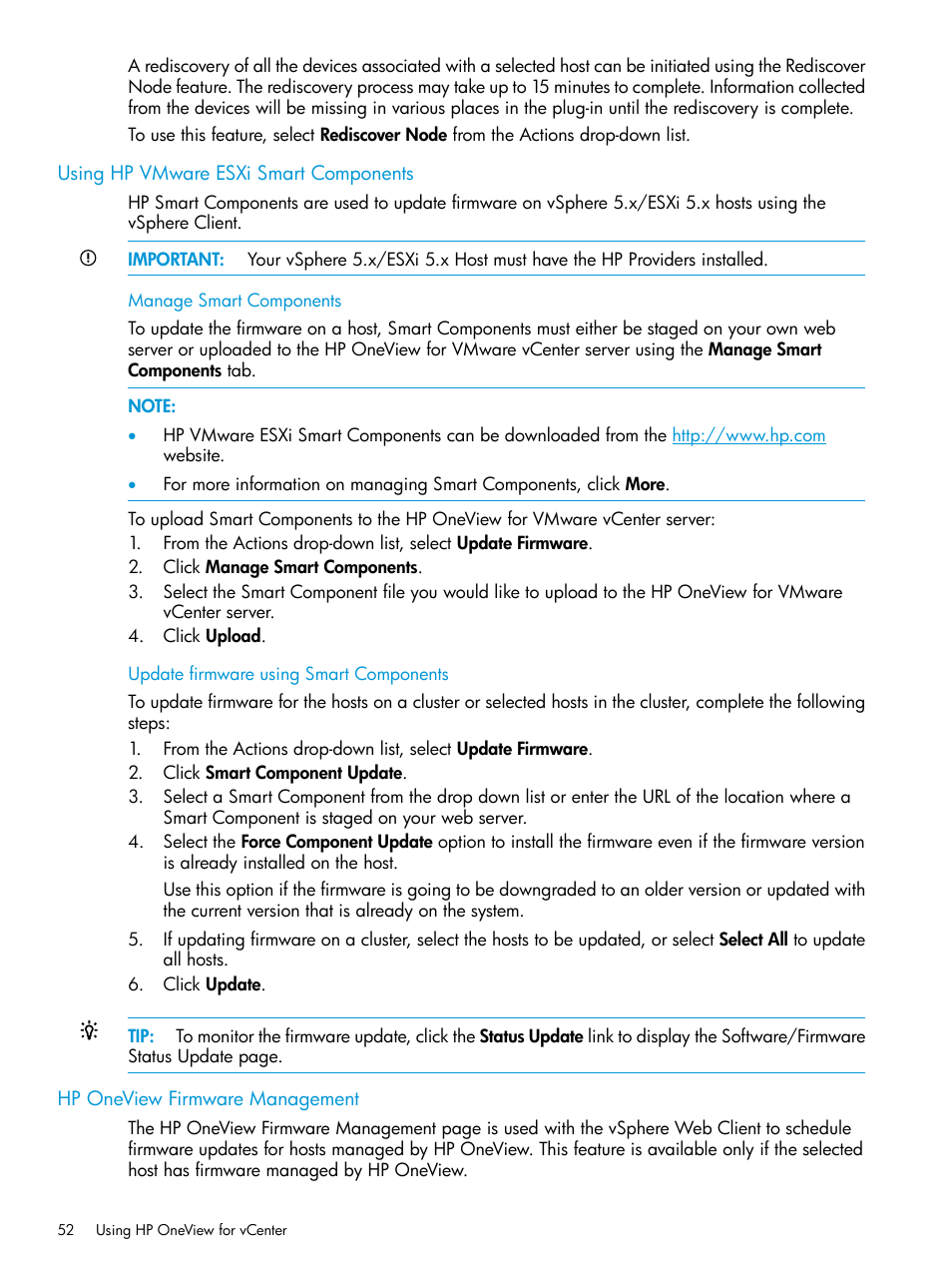 Using hp vmware esxi smart components, Hp oneview firmware management | HP OneView for VMware vCenter User Manual | Page 52 / 157