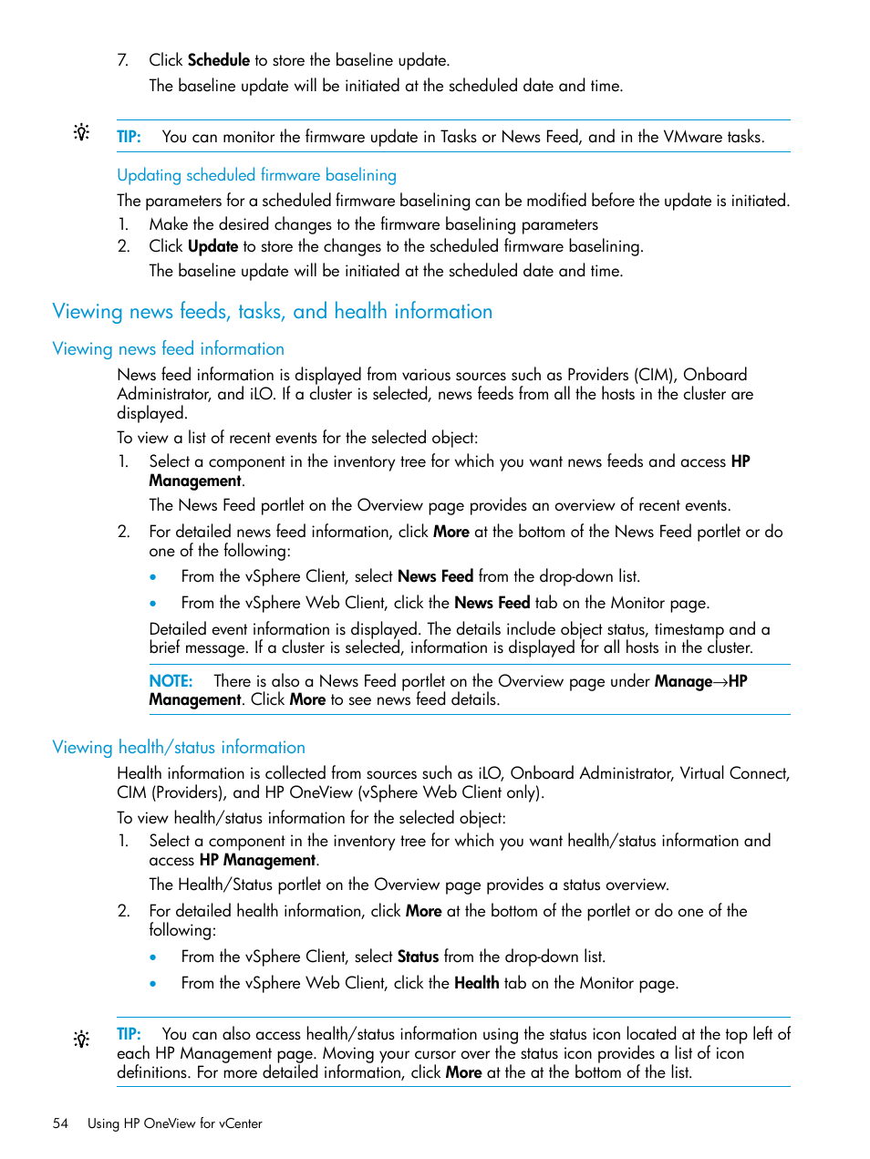 Viewing news feeds, tasks, and health information, Viewing news feed information, Viewing health/status information | HP OneView for VMware vCenter User Manual | Page 54 / 157
