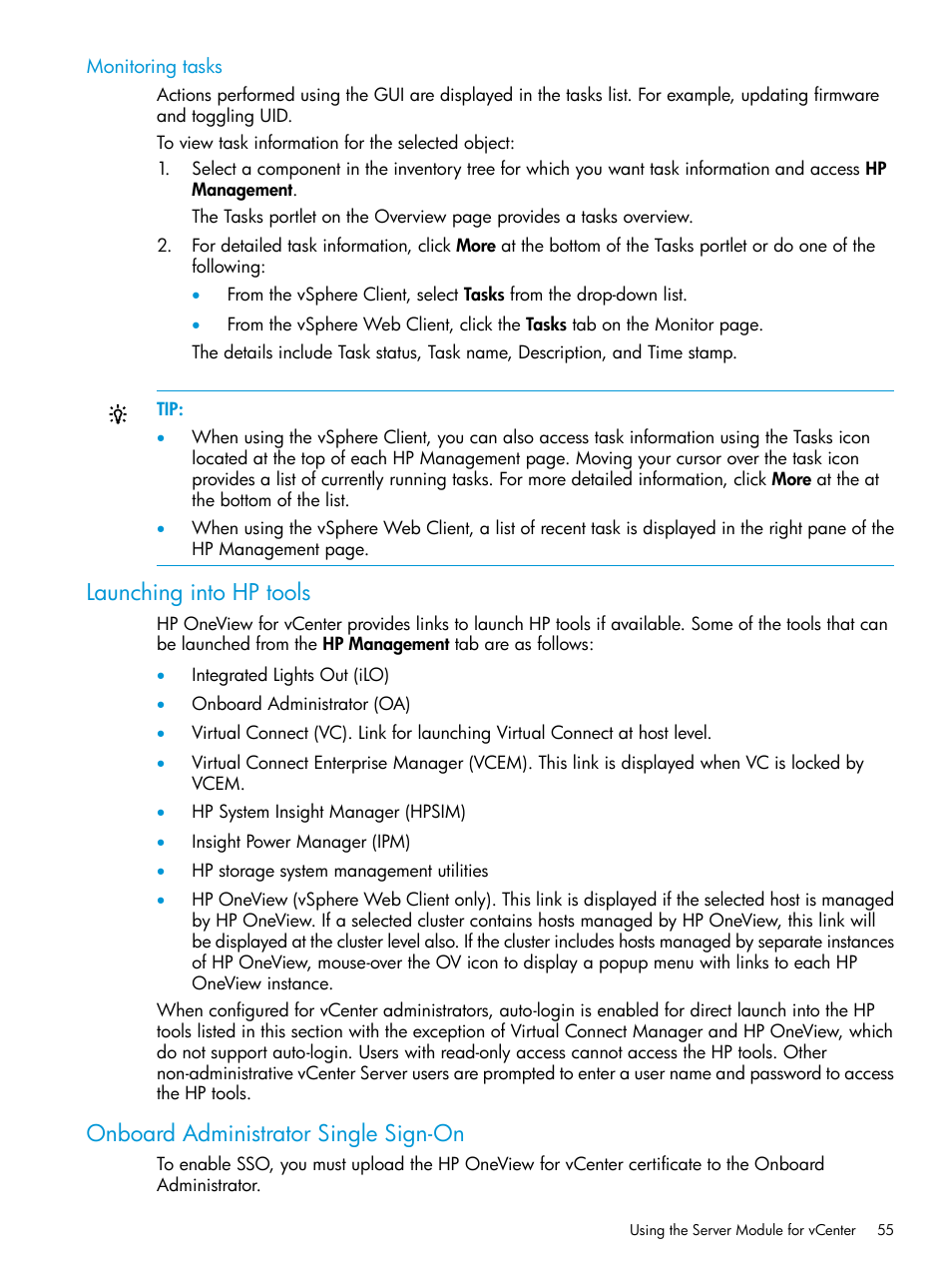 Monitoring tasks, Launching into hp tools, Onboard administrator single sign-on | HP OneView for VMware vCenter User Manual | Page 55 / 157