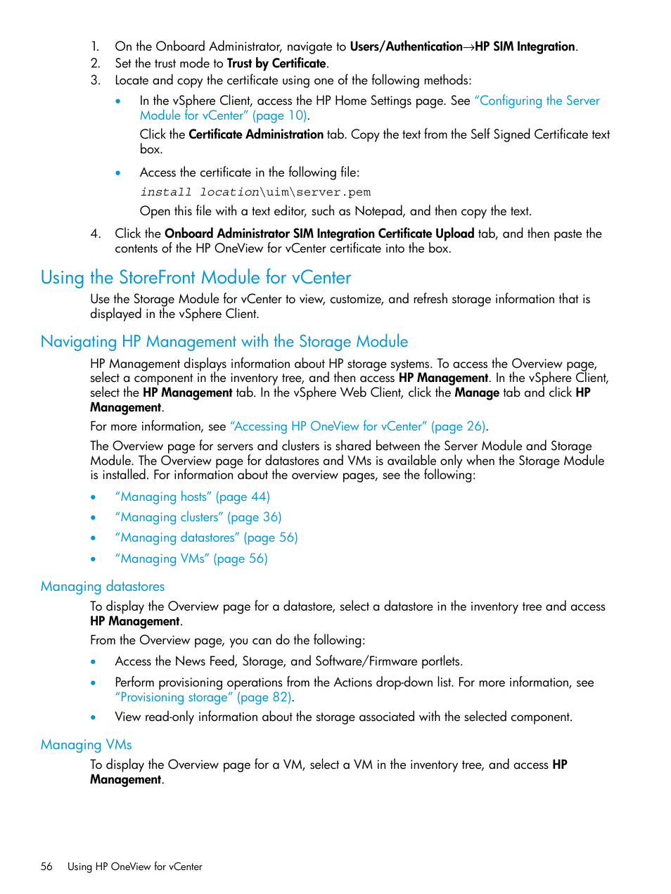 Using the storefront module for vcenter, Navigating hp management with the storage module, Managing datastores | Managing vms, Managing datastores managing vms, Navigating hp management with the storage | HP OneView for VMware vCenter User Manual | Page 56 / 157