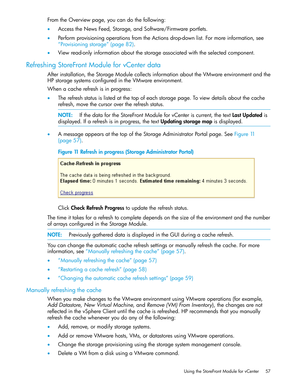 Refreshing storefront module for vcenter data, Manually refreshing the cache | HP OneView for VMware vCenter User Manual | Page 57 / 157