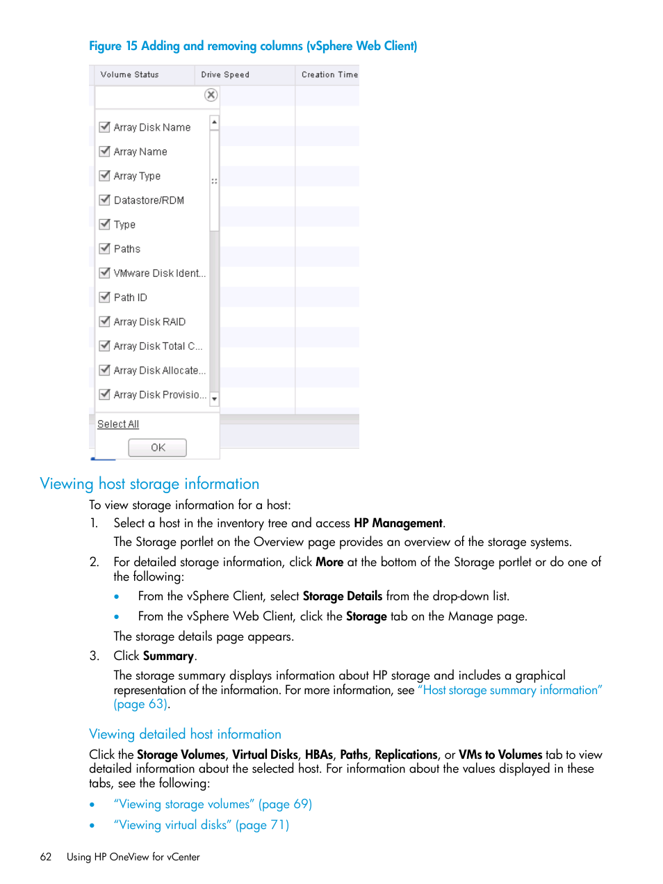 Viewing host storage information | HP OneView for VMware vCenter User Manual | Page 62 / 157