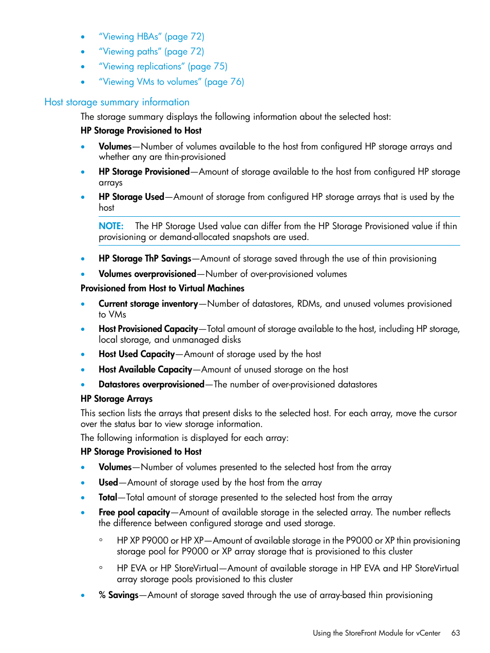 Host storage summary information | HP OneView for VMware vCenter User Manual | Page 63 / 157