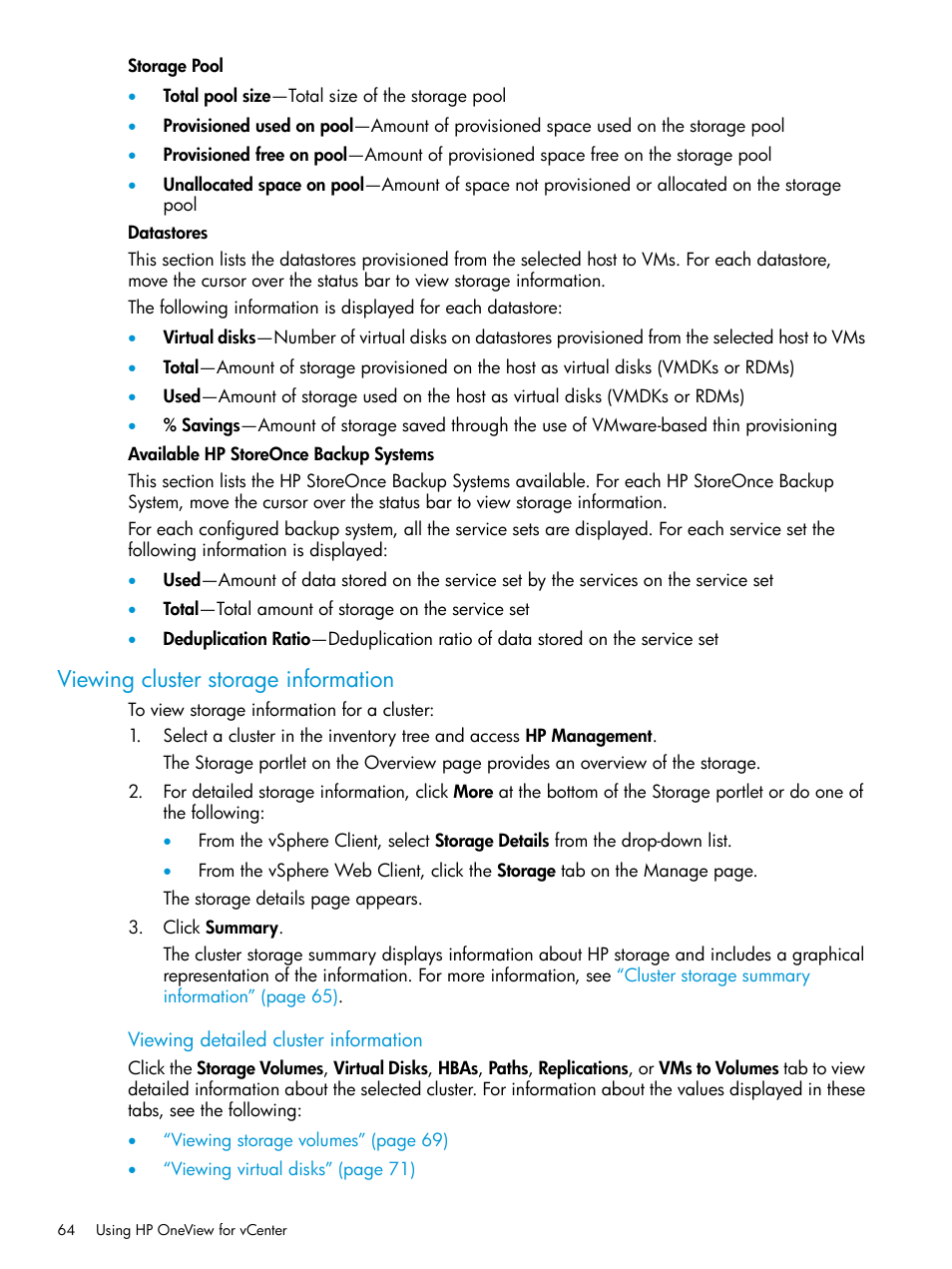 Viewing cluster storage information | HP OneView for VMware vCenter User Manual | Page 64 / 157