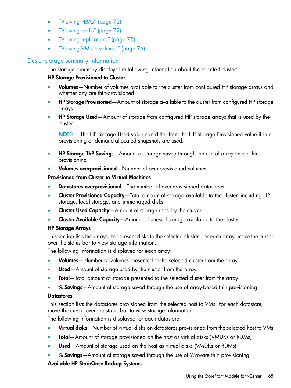 Cluster storage summary information, Cluster storage summary | HP OneView for VMware vCenter User Manual | Page 65 / 157