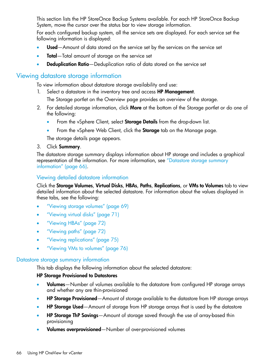 Viewing datastore storage information, Datastore storage summary information | HP OneView for VMware vCenter User Manual | Page 66 / 157