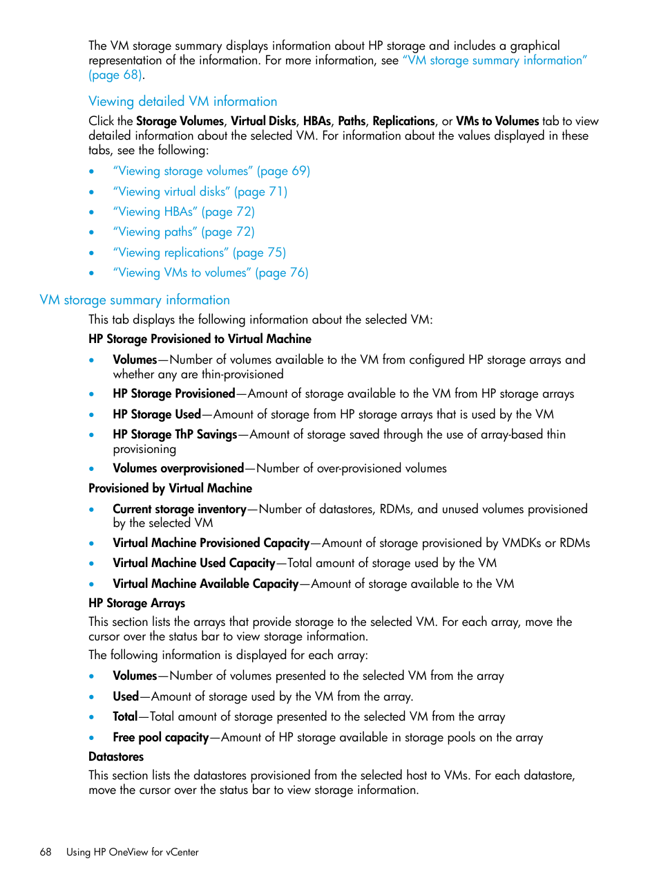 Vm storage summary information | HP OneView for VMware vCenter User Manual | Page 68 / 157