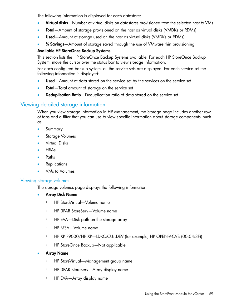 Viewing detailed storage information, Viewing storage volumes | HP OneView for VMware vCenter User Manual | Page 69 / 157