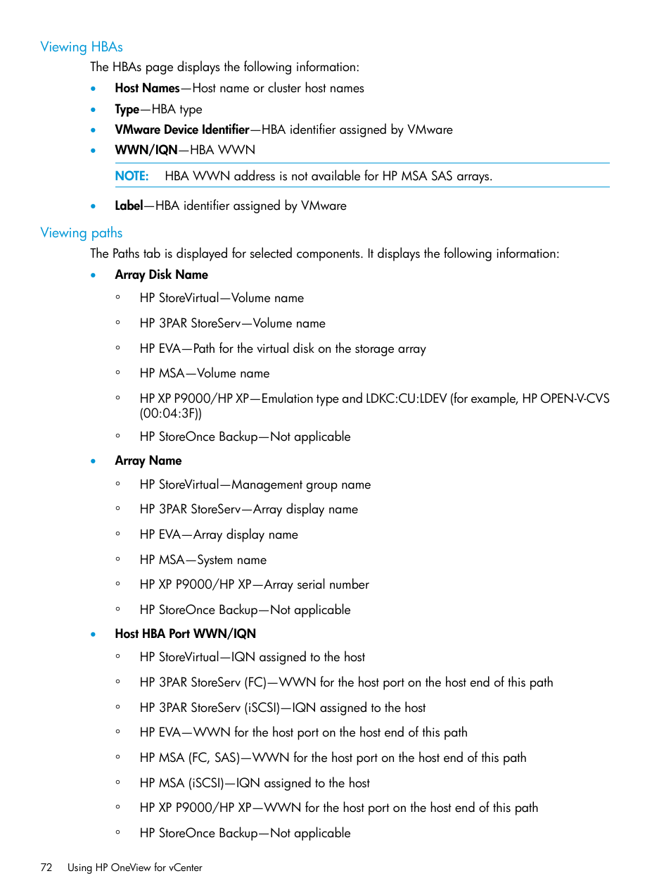 Viewing hbas, Viewing paths, Viewing hbas viewing paths | HP OneView for VMware vCenter User Manual | Page 72 / 157