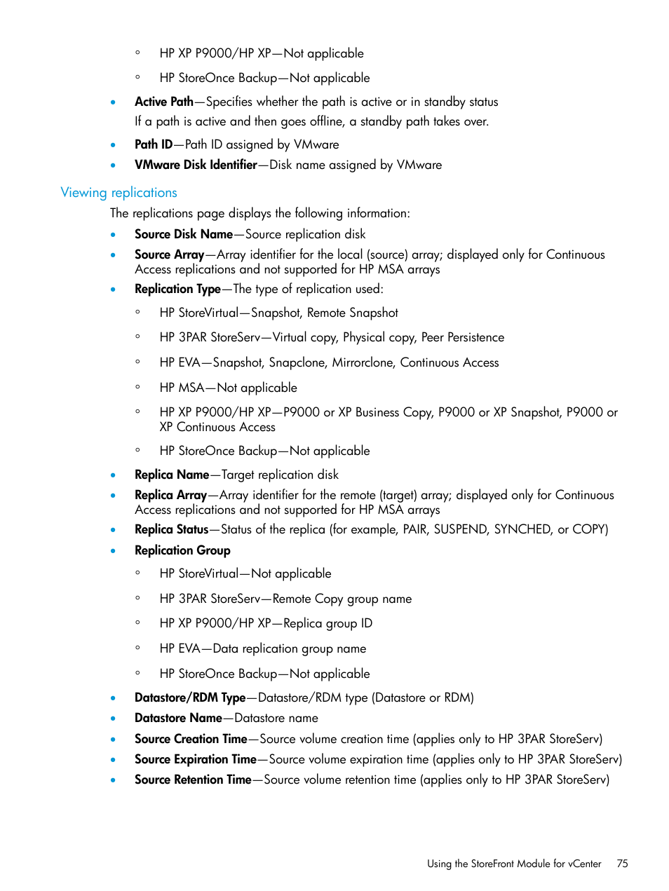 Viewing replications | HP OneView for VMware vCenter User Manual | Page 75 / 157