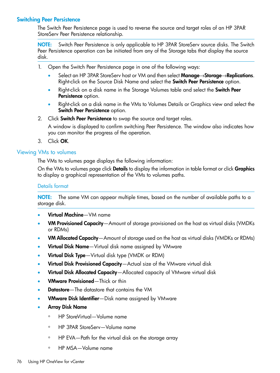 Switching peer persistence, Viewing vms to volumes, Switching peer persistence viewing vms to volumes | HP OneView for VMware vCenter User Manual | Page 76 / 157