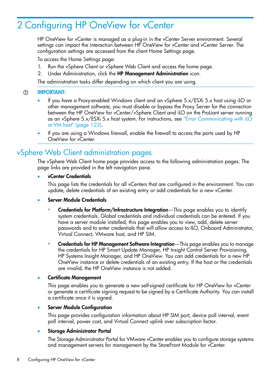 2 configuring hp oneview for vcenter, Vsphere web client administration pages | HP OneView for VMware vCenter User Manual | Page 8 / 157