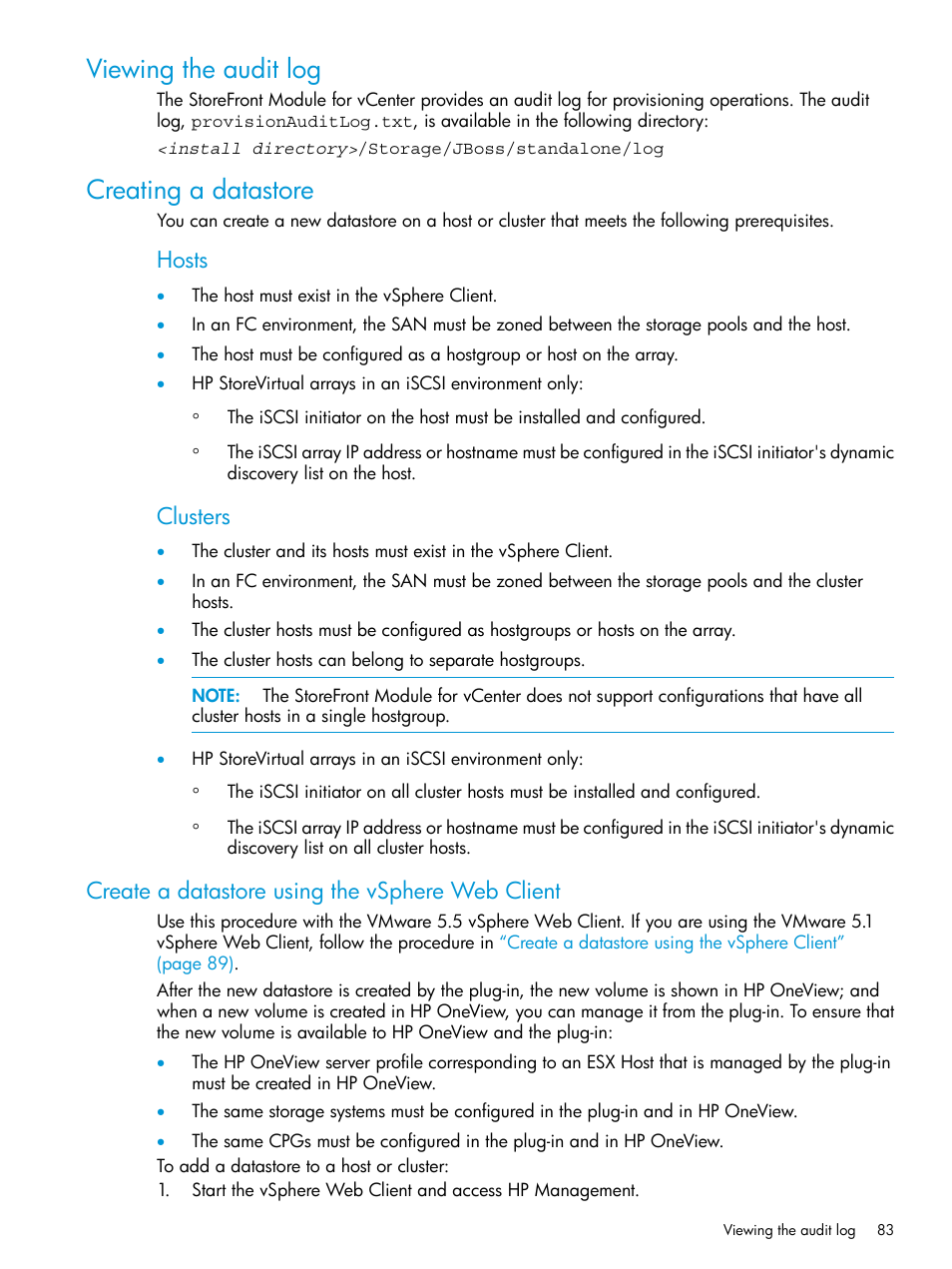 Viewing the audit log, Creating a datastore, Create a datastore using the vsphere web client | Viewing the audit log creating a datastore, Hosts, Clusters | HP OneView for VMware vCenter User Manual | Page 83 / 157