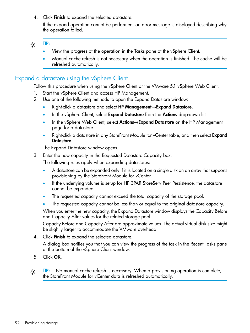 Expand a datastore using the vsphere client | HP OneView for VMware vCenter User Manual | Page 92 / 157