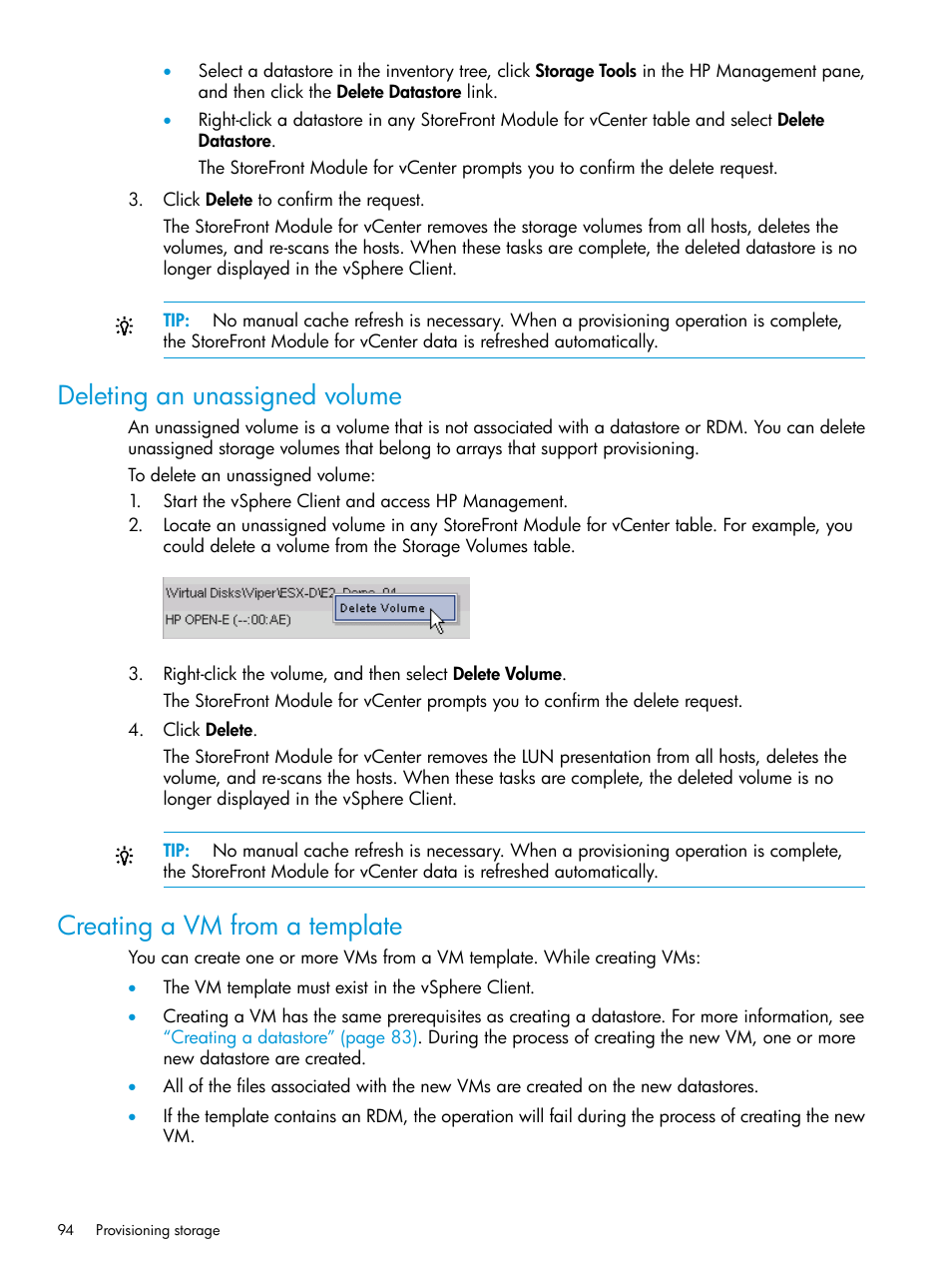 Deleting an unassigned volume, Creating a vm from a template | HP OneView for VMware vCenter User Manual | Page 94 / 157