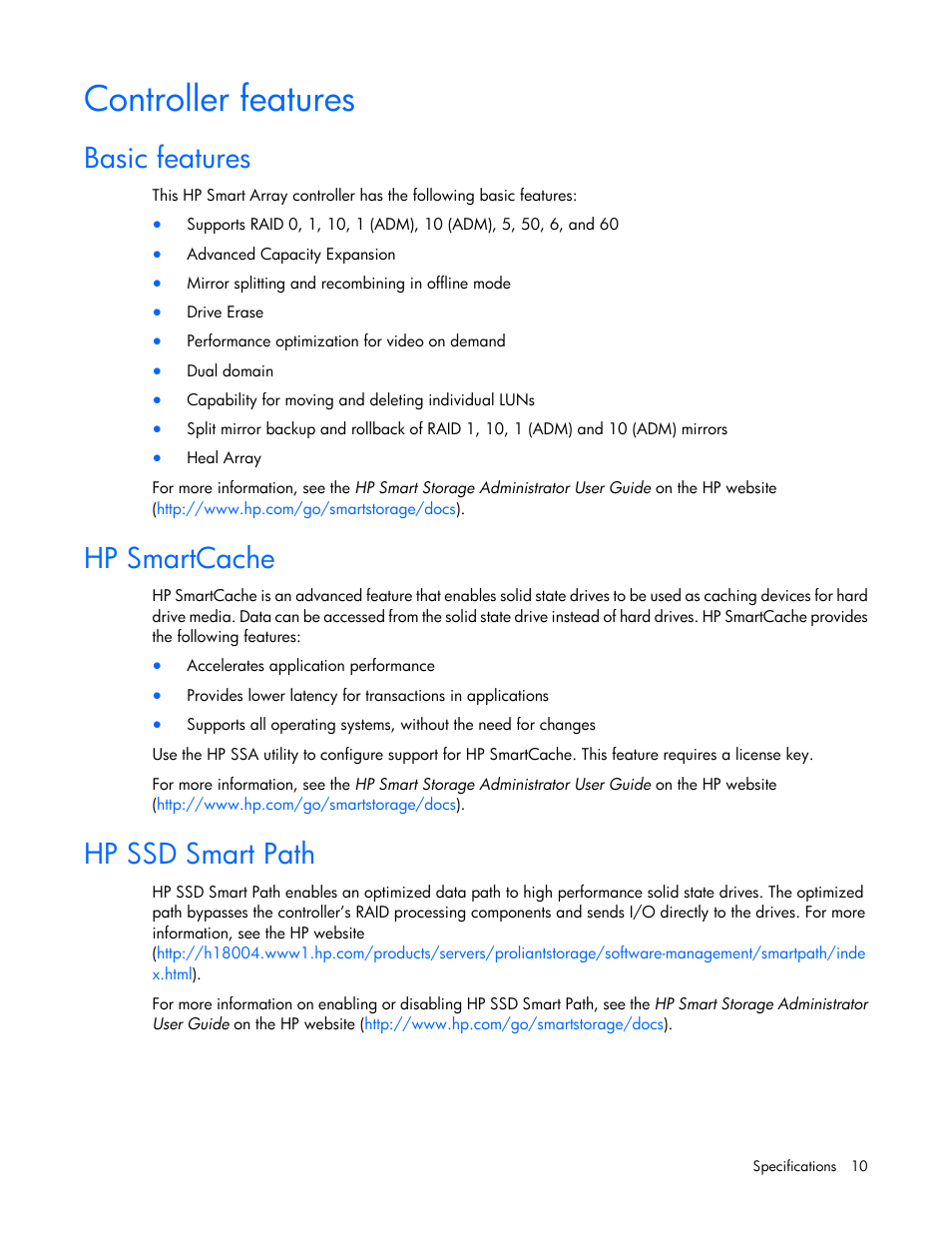 Controller features, Basic features, Hp smartcache | Hp ssd smart path | HP Smart Array P431 Controller User Manual | Page 10 / 46