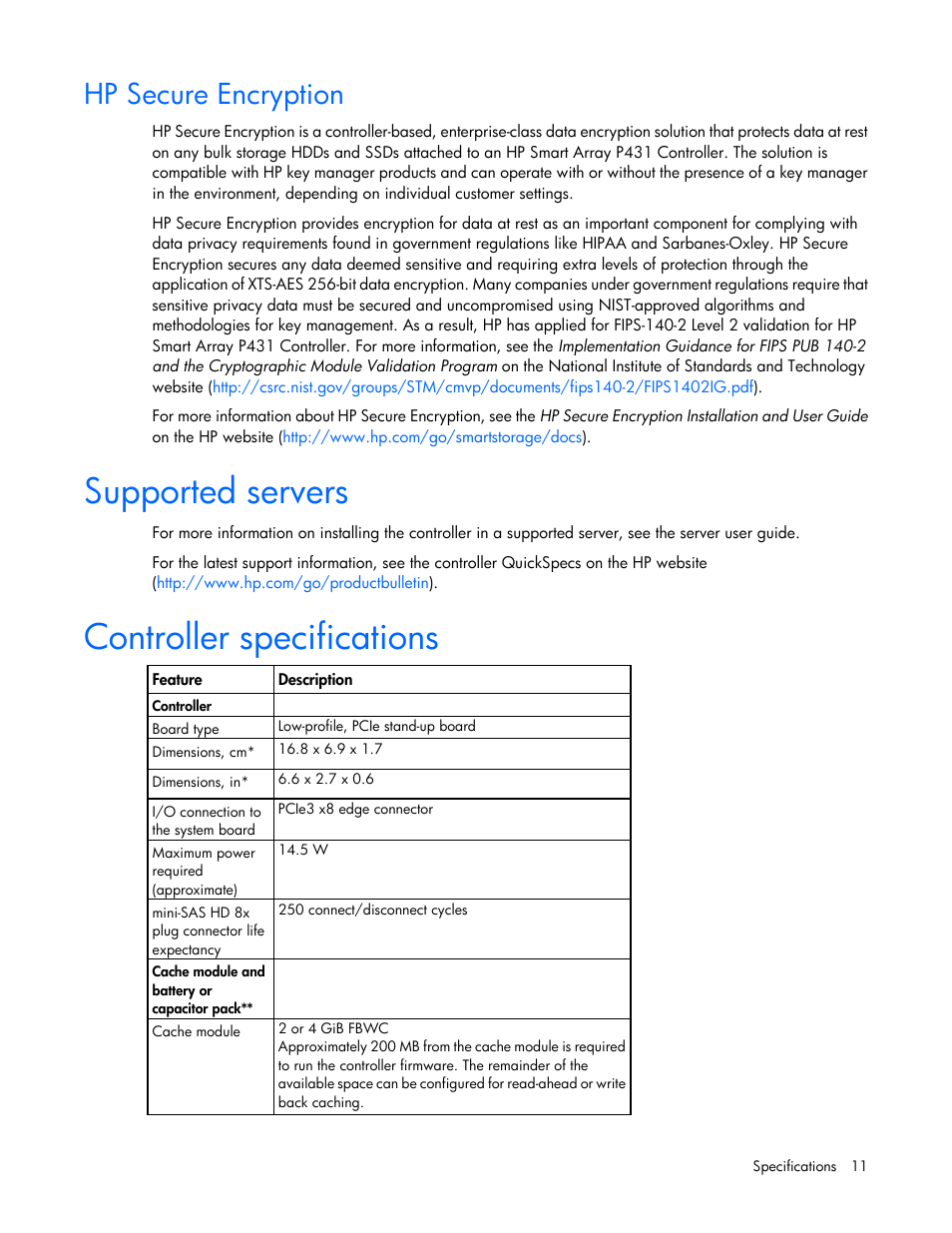 Hp secure encryption, Supported servers, Controller specifications | HP Smart Array P431 Controller User Manual | Page 11 / 46