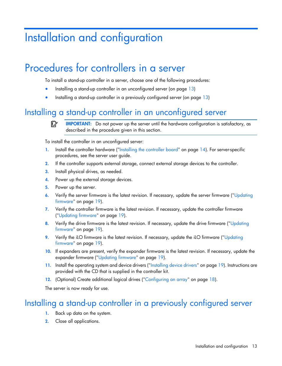 Installation and configuration, Procedures for controllers in a server | HP Smart Array P431 Controller User Manual | Page 13 / 46