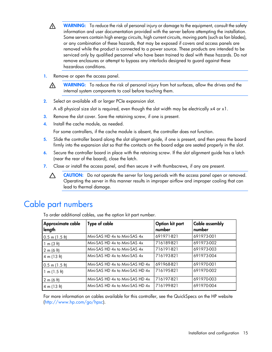 Cable part numbers | HP Smart Array P431 Controller User Manual | Page 15 / 46