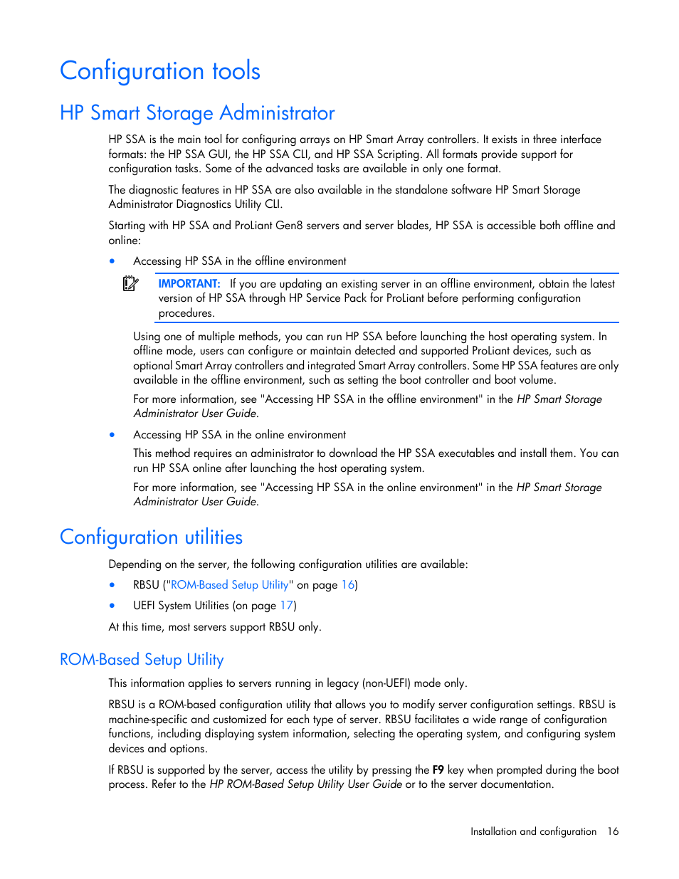 Configuration tools, Hp smart storage administrator, Configuration utilities | Rom-based setup utility | HP Smart Array P431 Controller User Manual | Page 16 / 46