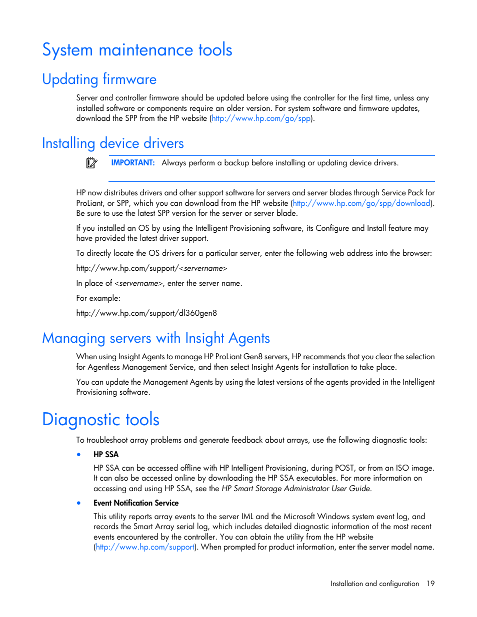 System maintenance tools, Updating firmware, Installing device drivers | Managing servers with insight agents, Diagnostic tools, Updating, Firmware | HP Smart Array P431 Controller User Manual | Page 19 / 46