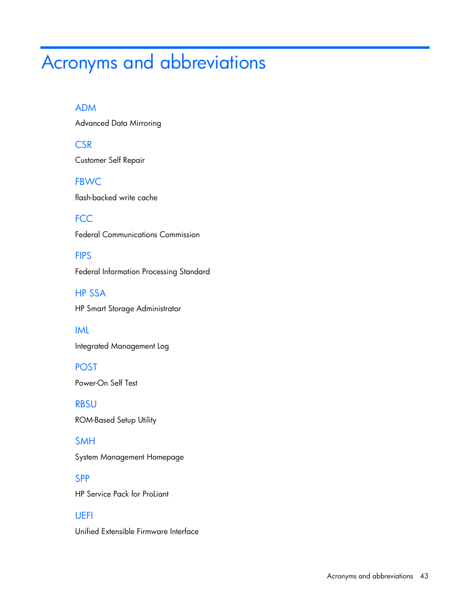 Acronyms and abbreviations | HP Smart Array P431 Controller User Manual | Page 43 / 46