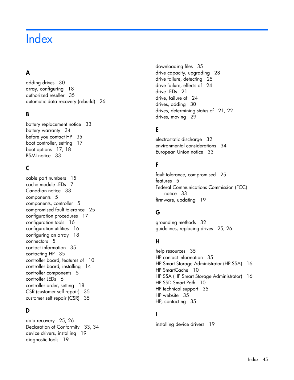 Index | HP Smart Array P431 Controller User Manual | Page 45 / 46