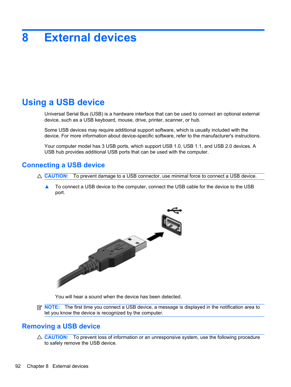 External devices, Using a usb device, Connecting a usb device | Removing a usb device, 8 external devices, Connecting a usb device removing a usb device, 8external devices | HP EliteBook 2740p Tablet-PC User Manual | Page 104 / 175