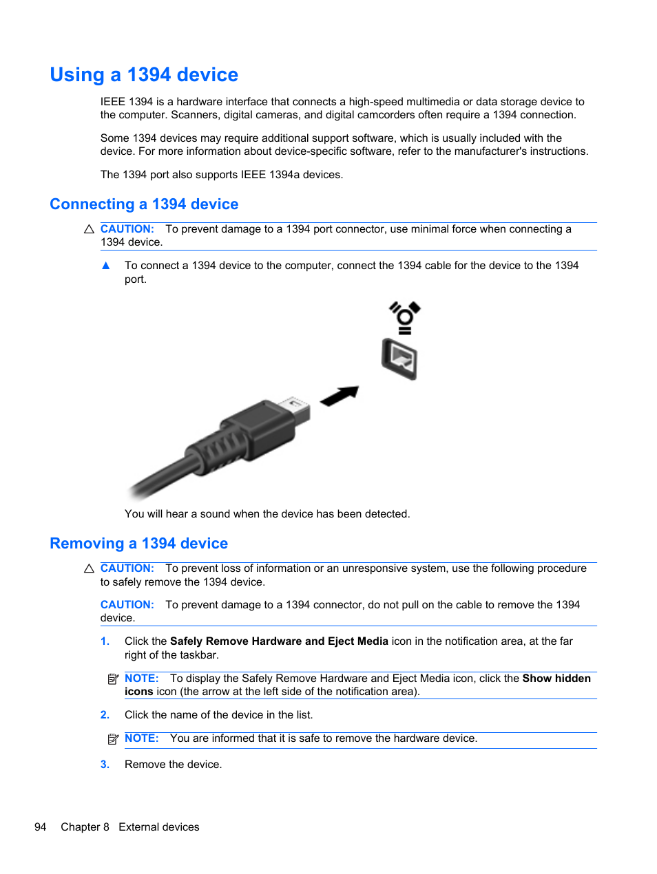 Using a 1394 device, Connecting a 1394 device, Removing a 1394 device | Connecting a 1394 device removing a 1394 device | HP EliteBook 2740p Tablet-PC User Manual | Page 106 / 175