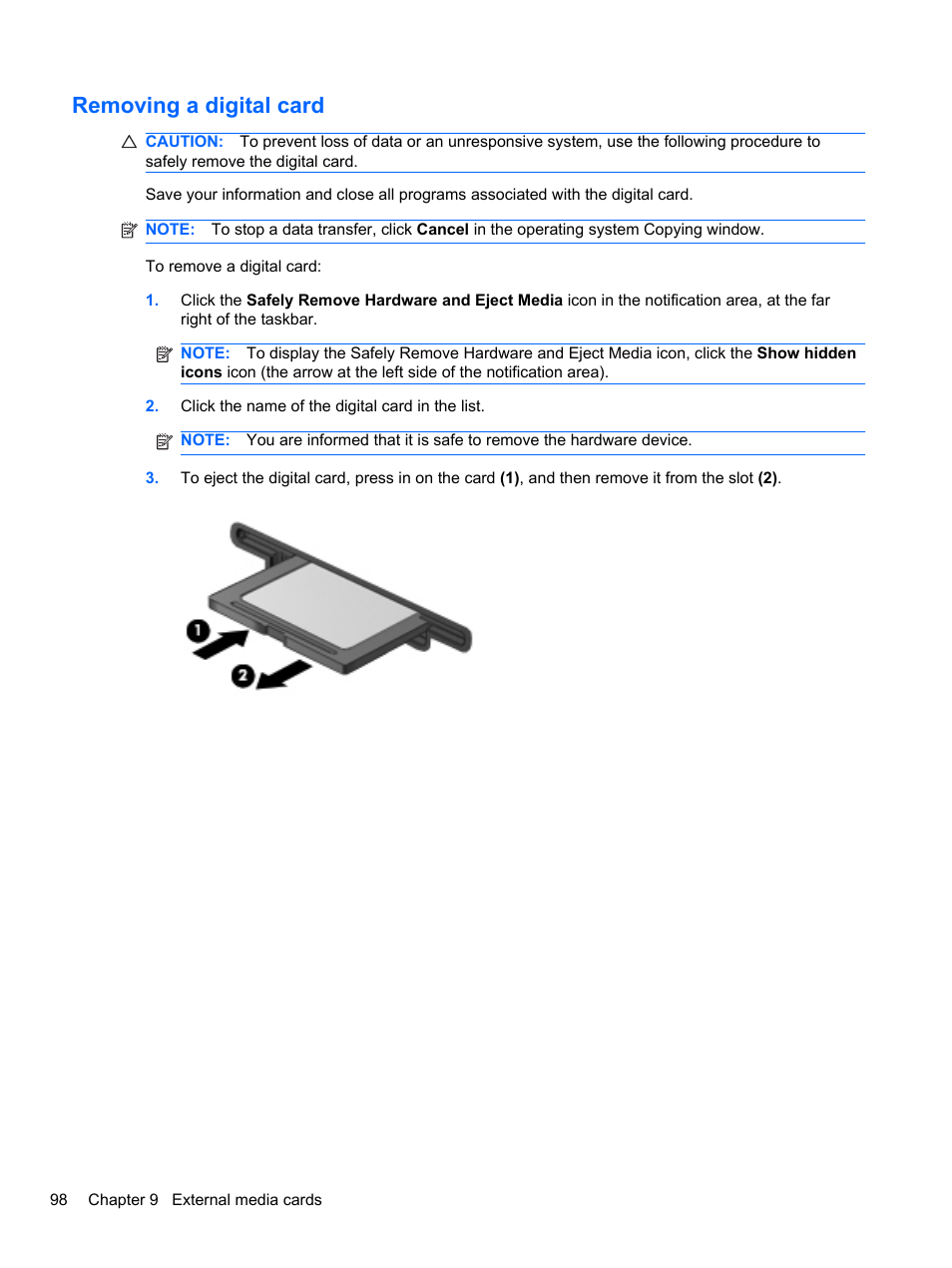 Removing a digital card | HP EliteBook 2740p Tablet-PC User Manual | Page 110 / 175