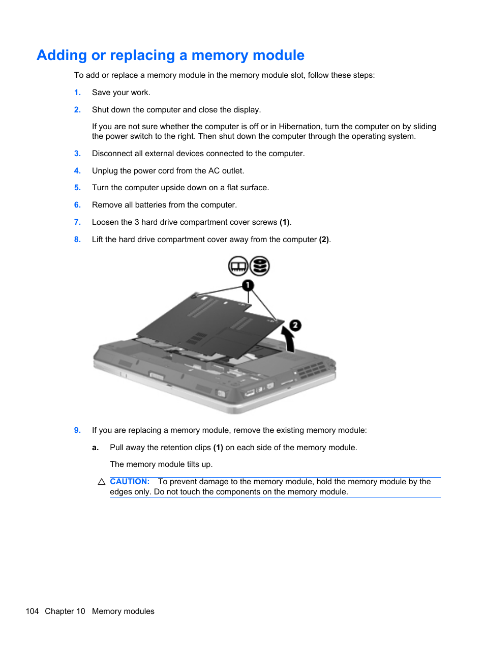 Adding or replacing a memory module | HP EliteBook 2740p Tablet-PC User Manual | Page 116 / 175