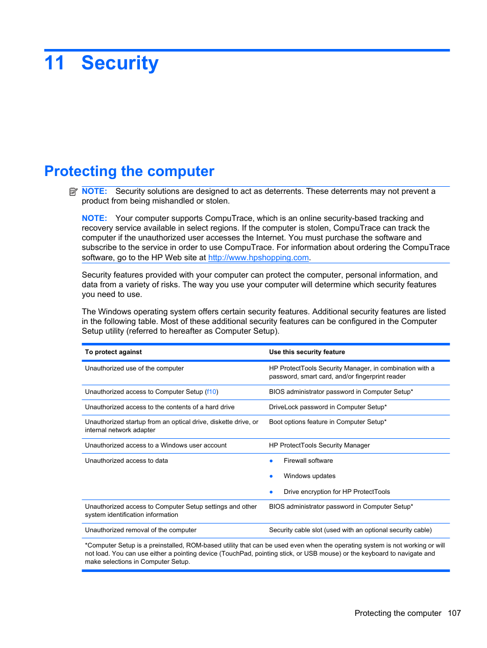 Security, Protecting the computer, 11 security | HP EliteBook 2740p Tablet-PC User Manual | Page 119 / 175