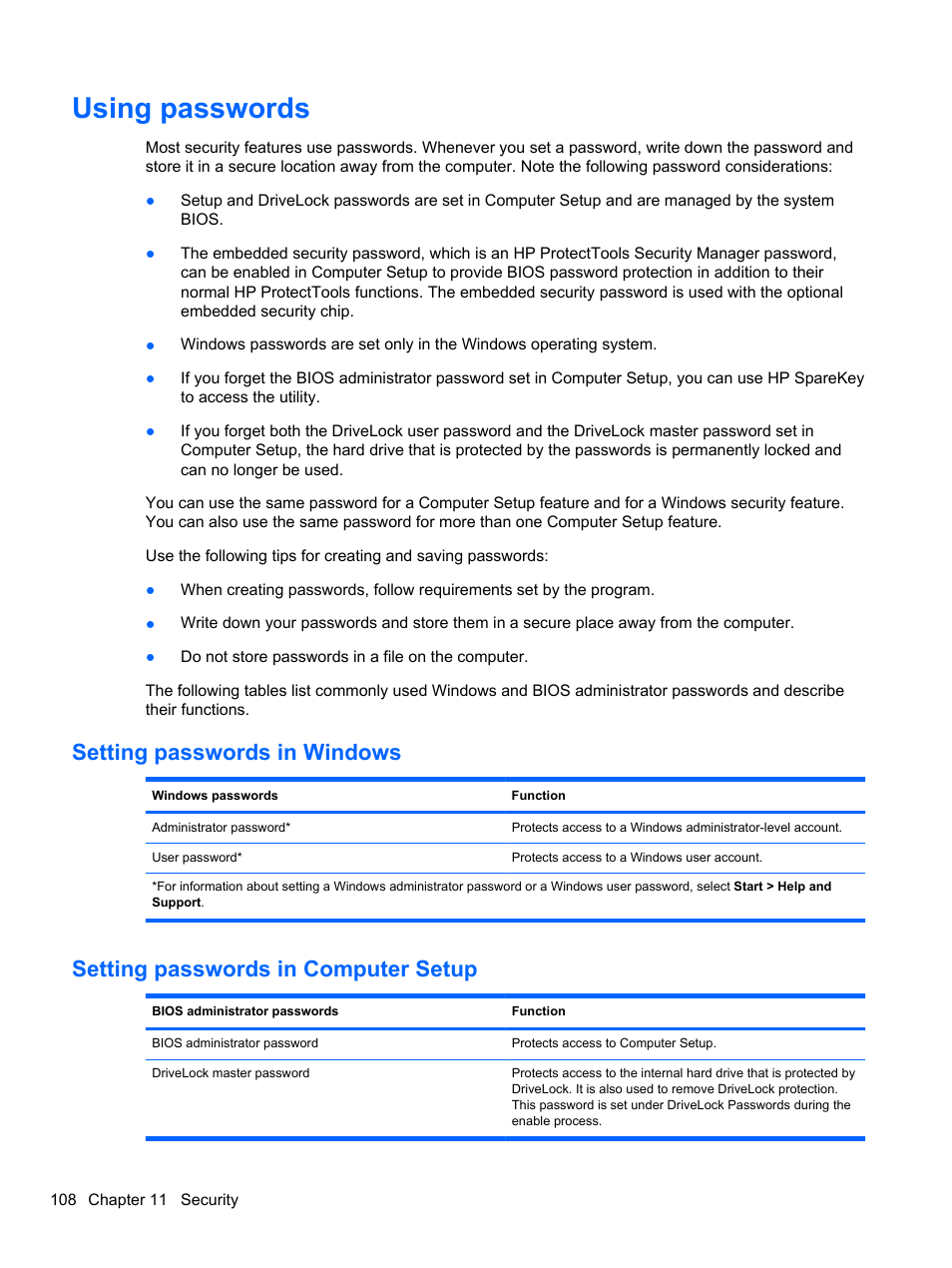 Using passwords, Setting passwords in windows, Setting passwords in computer setup | HP EliteBook 2740p Tablet-PC User Manual | Page 120 / 175